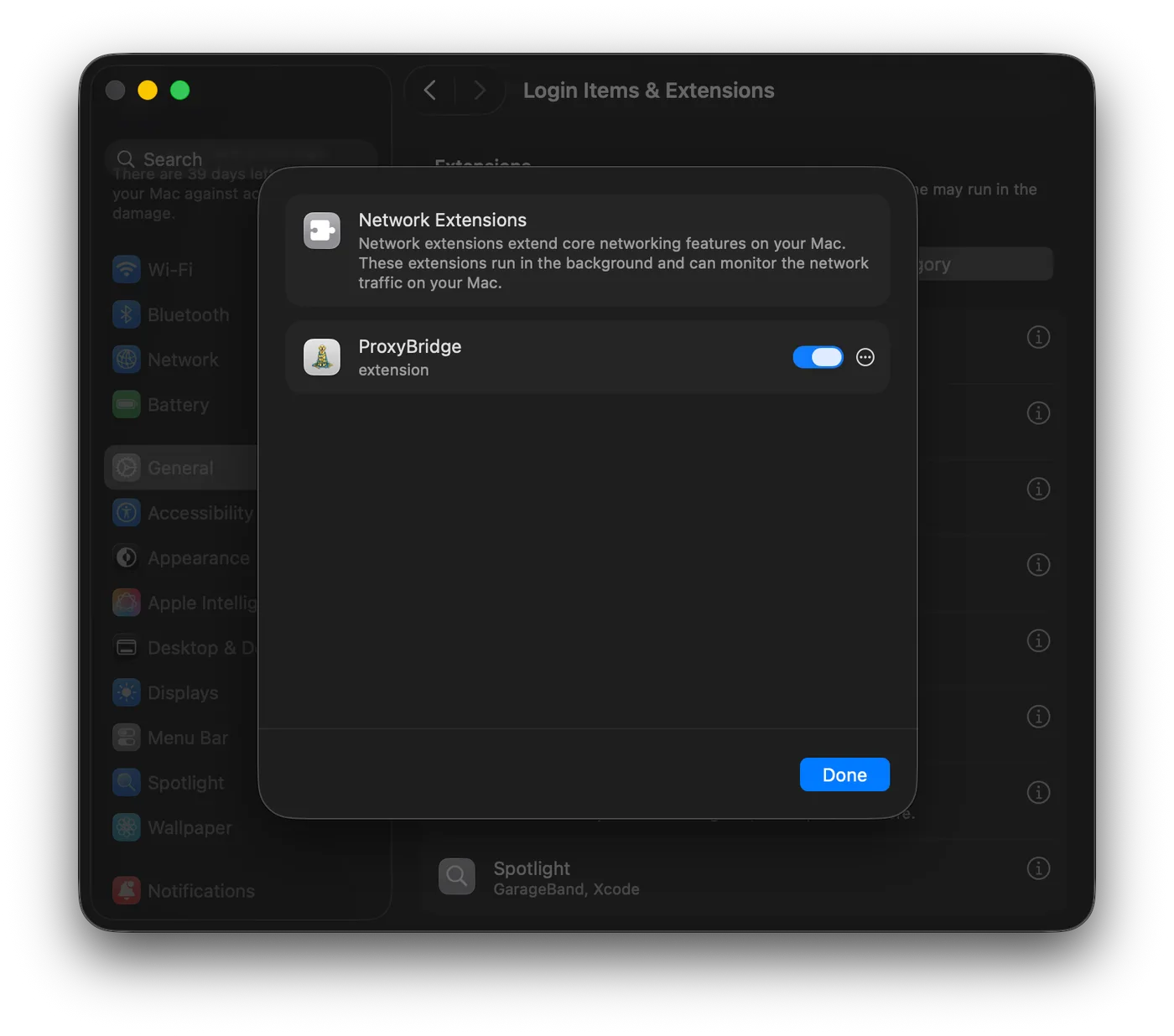 System Settings showing the Network Extensions panel with ProxyBridge listed