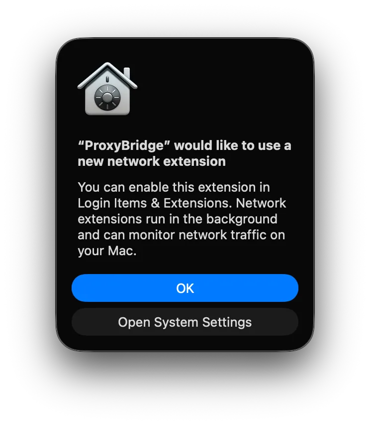 ProxyBridge permission prompt asking to install the system extension