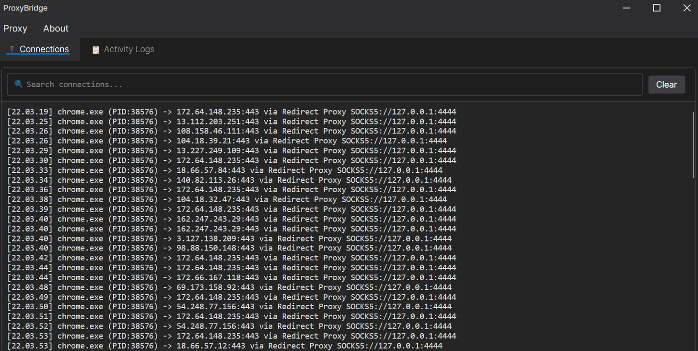 ProxyBridge Connections tab showing live traffic