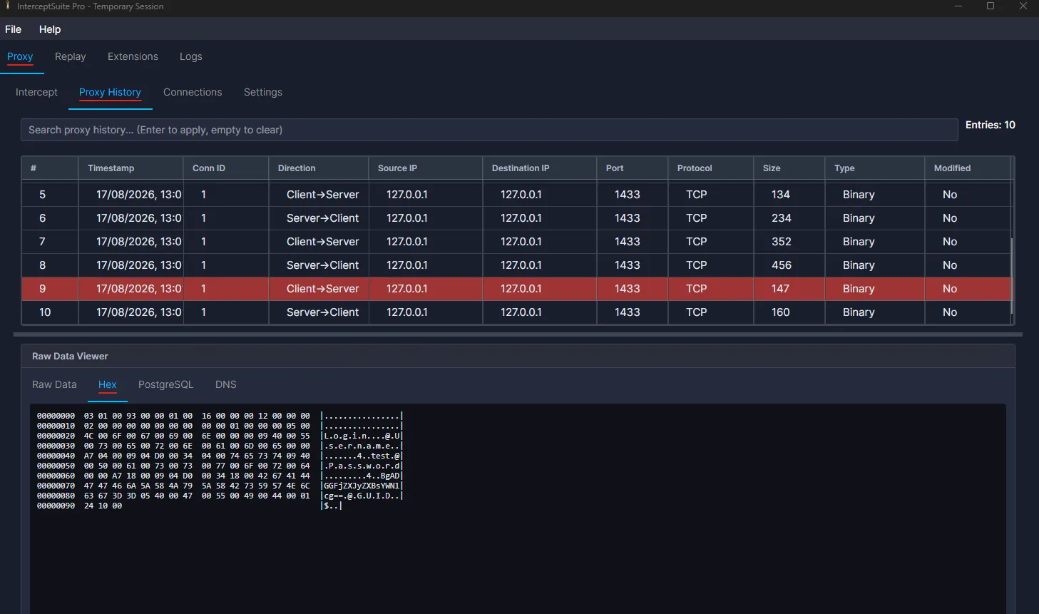InterceptSuite proxy history showing intercepted BetaBank traffic