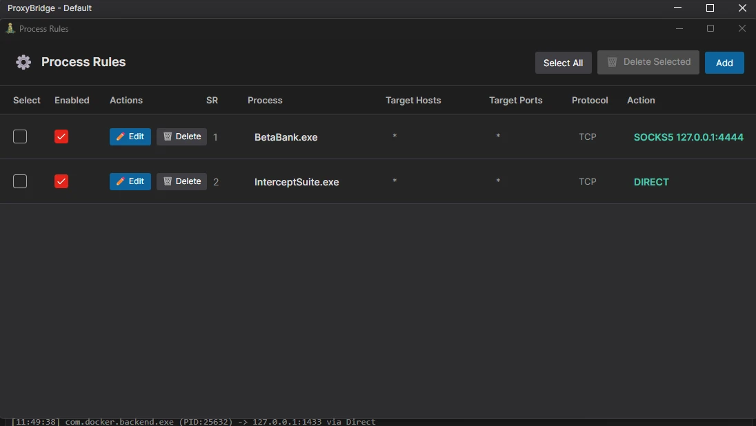 ProxyBridge proxy rules for BetaBank and InterceptSuite