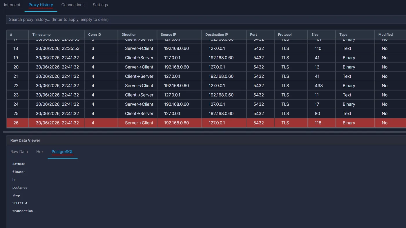 PostgreSQL traffic intercepted in InterceptSuite Proxy History