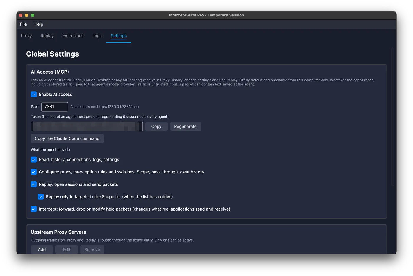 InterceptSuite Settings tab with AI Access (MCP) enabled, showing the port, token and the Read, Configure, Replay and Intercept permissions