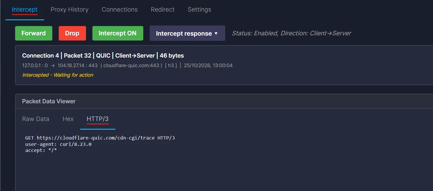The HTTP/3 tab showing GET https://cloudflare-quic.com/cdn-cgi/trace HTTP/3 with user-agent curl/8.23.0 and accept star slash star