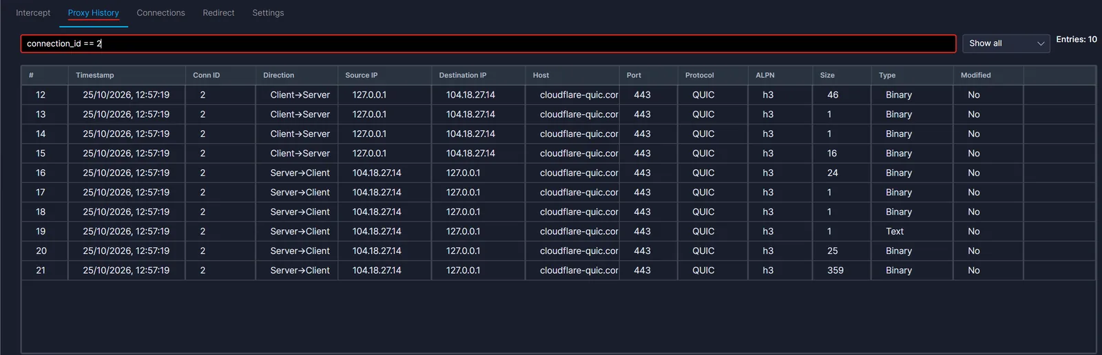 Proxy History showing the QUIC connection from curl to cloudflare-quic.com with ALPN h3