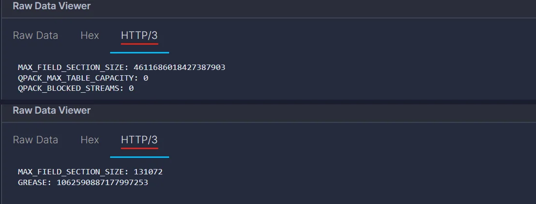 HTTP/3 tab showing curl's settings: QPACK_MAX_TABLE_CAPACITY 0 and QPACK_BLOCKED_STREAMS 0