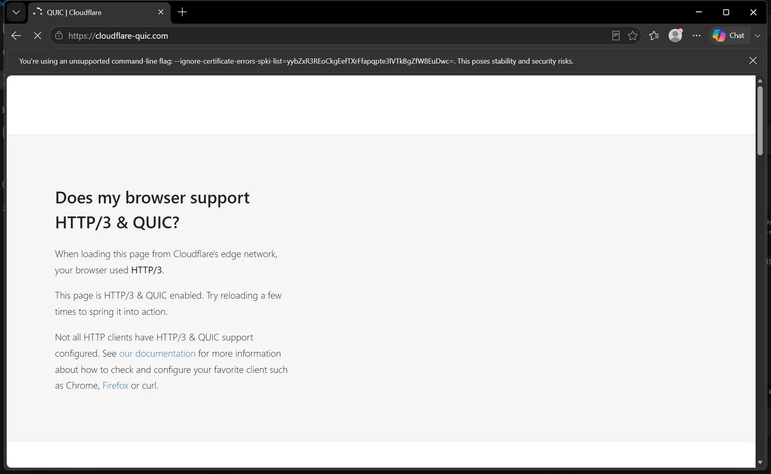 Edge showing the cloudflare-quic.com page with the text your browser used HTTP/3 and the unsupported flag bar