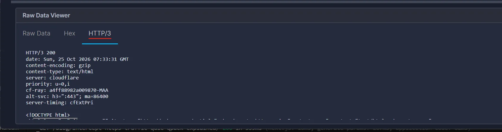 The HTTP/3 tab showing the response HTTP/3 200 with content-encoding gzip, server cloudflare and alt-svc h3