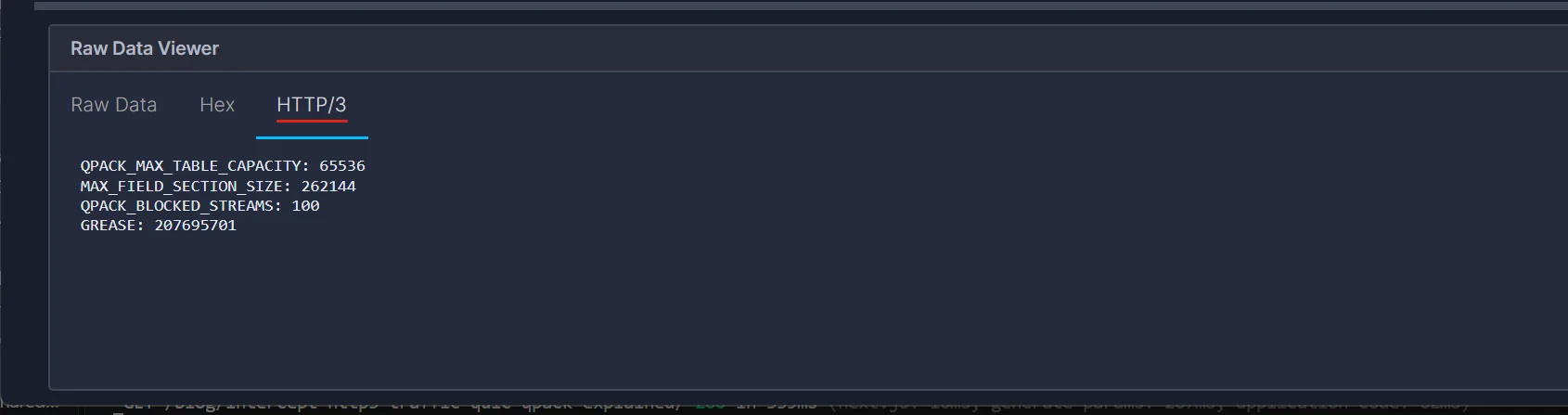HTTP/3 tab showing Edge's settings: QPACK_MAX_TABLE_CAPACITY 65536, MAX_FIELD_SECTION_SIZE 262144, QPACK_BLOCKED_STREAMS 100