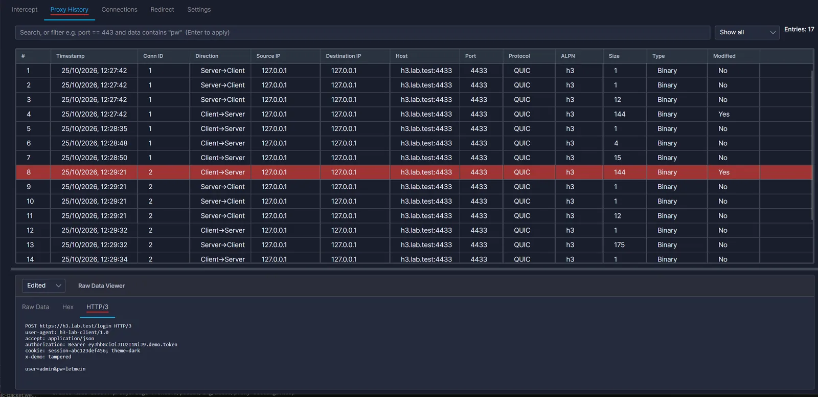 Proxy History with a modified row and the Edited version shown in the HTTP/3 tab