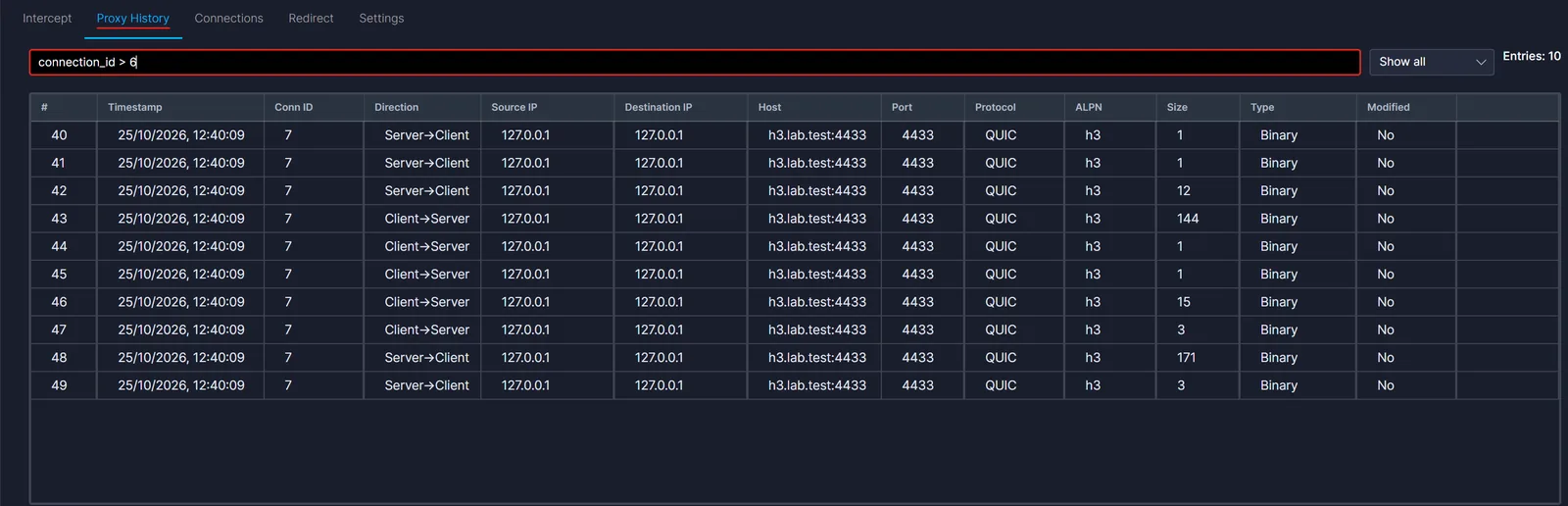 Proxy History with ten QUIC rows for one connection, host h3.lab.test, ALPN h3, sizes of 1, 12, 144, 15, 3 and 171 bytes