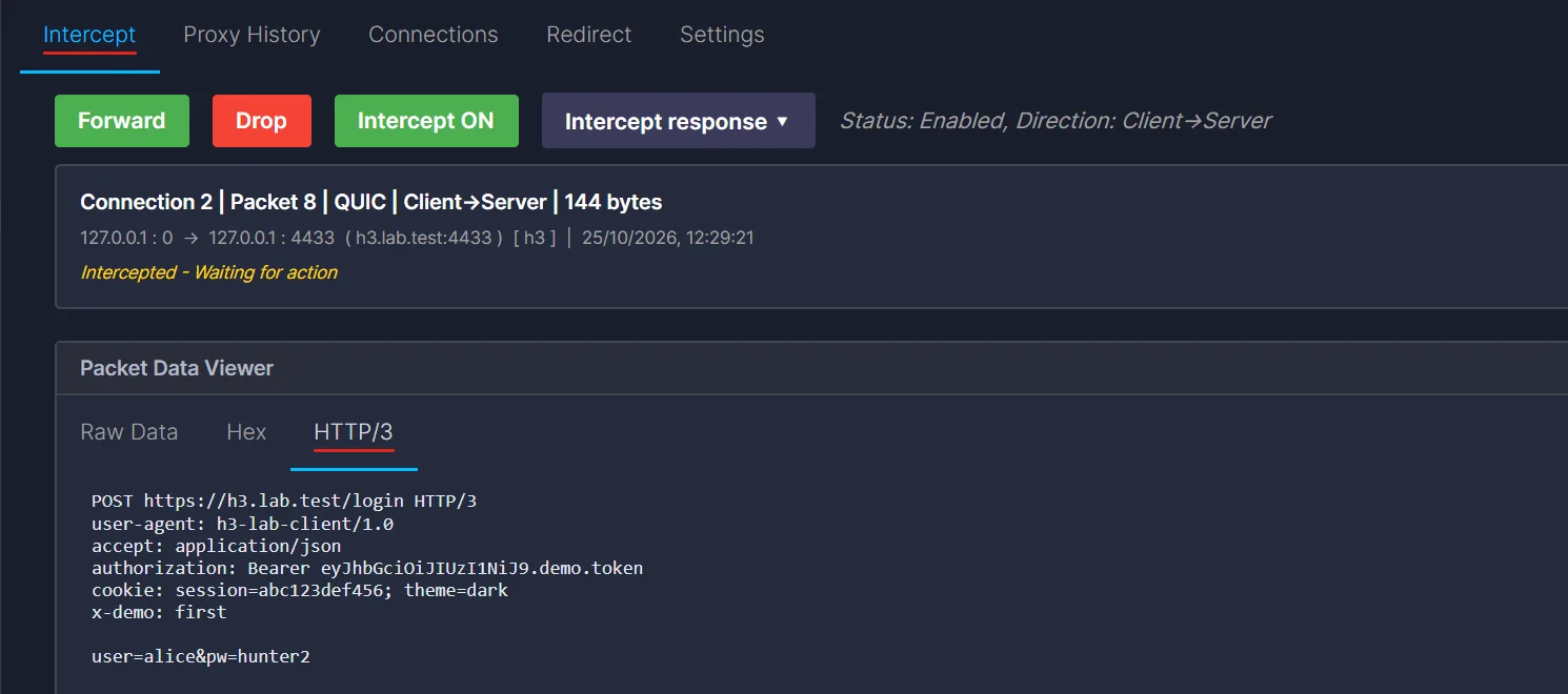 The HTTP/3 tab showing POST https://h3.lab.test/login HTTP/3 with the headers as plain text