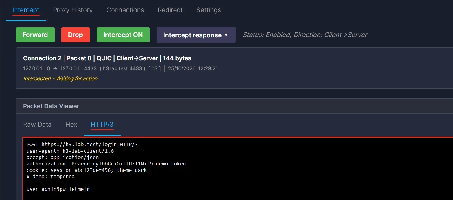 The HTTP/3 tab in the Intercept view with x-demo: tampered and the body user=admin&pw=letmein