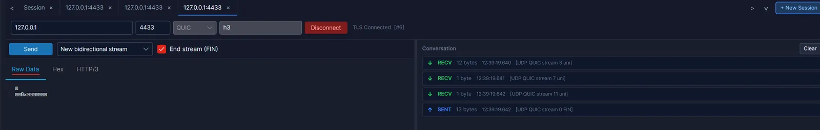 Replay sending the 13 byte request on stream 0 with FIN and receiving no response