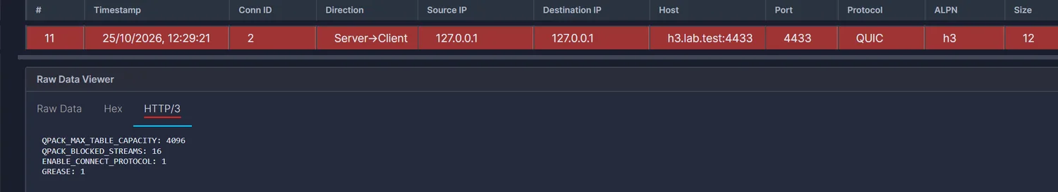 The HTTP/3 tab showing QPACK_MAX_TABLE_CAPACITY 4096, QPACK_BLOCKED_STREAMS 16, ENABLE_CONNECT_PROTOCOL 1 and GREASE 1