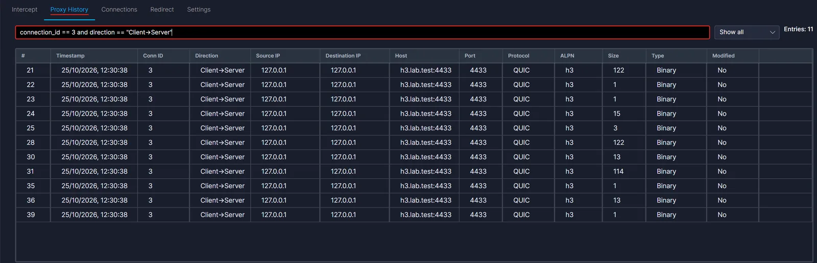 Proxy History filtered to client to server rows of one connection, showing 1, 15, 3, 13 and 114 byte entries