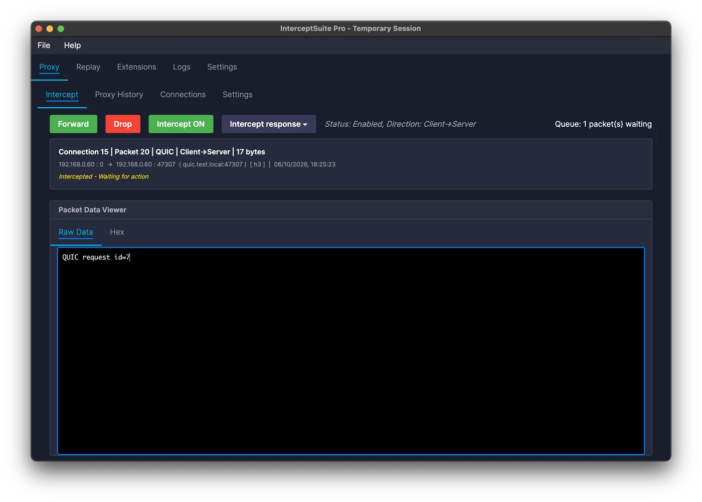 InterceptSuite Intercept tab holding a packet, with Forward and Drop buttons and an editable raw data viewer