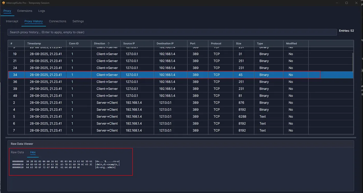 InterceptSuite Proxy History showing a decrypted LDAP connection