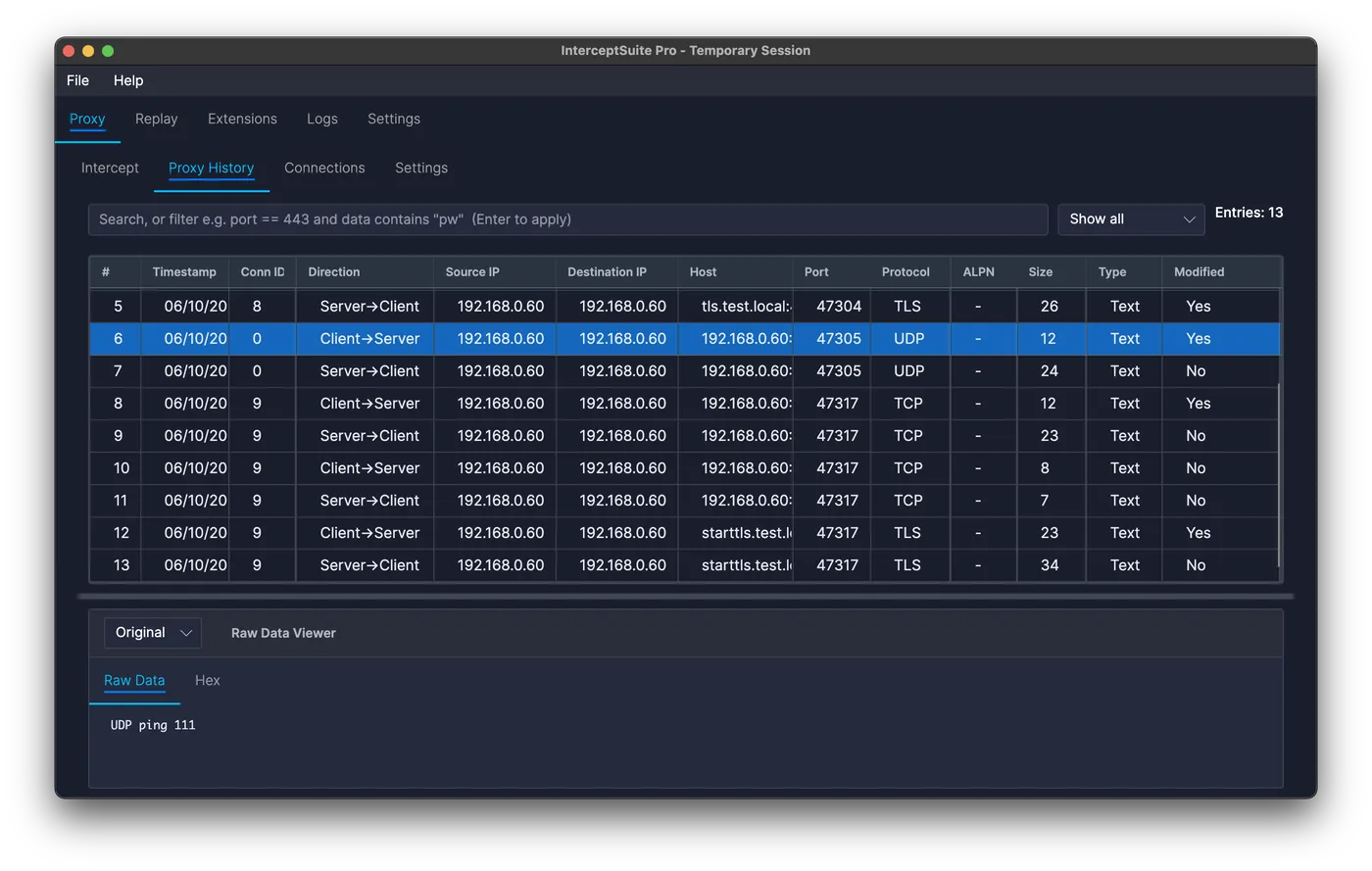 InterceptSuite Proxy History listing captured packets with host, port, protocol, size and a raw data viewer