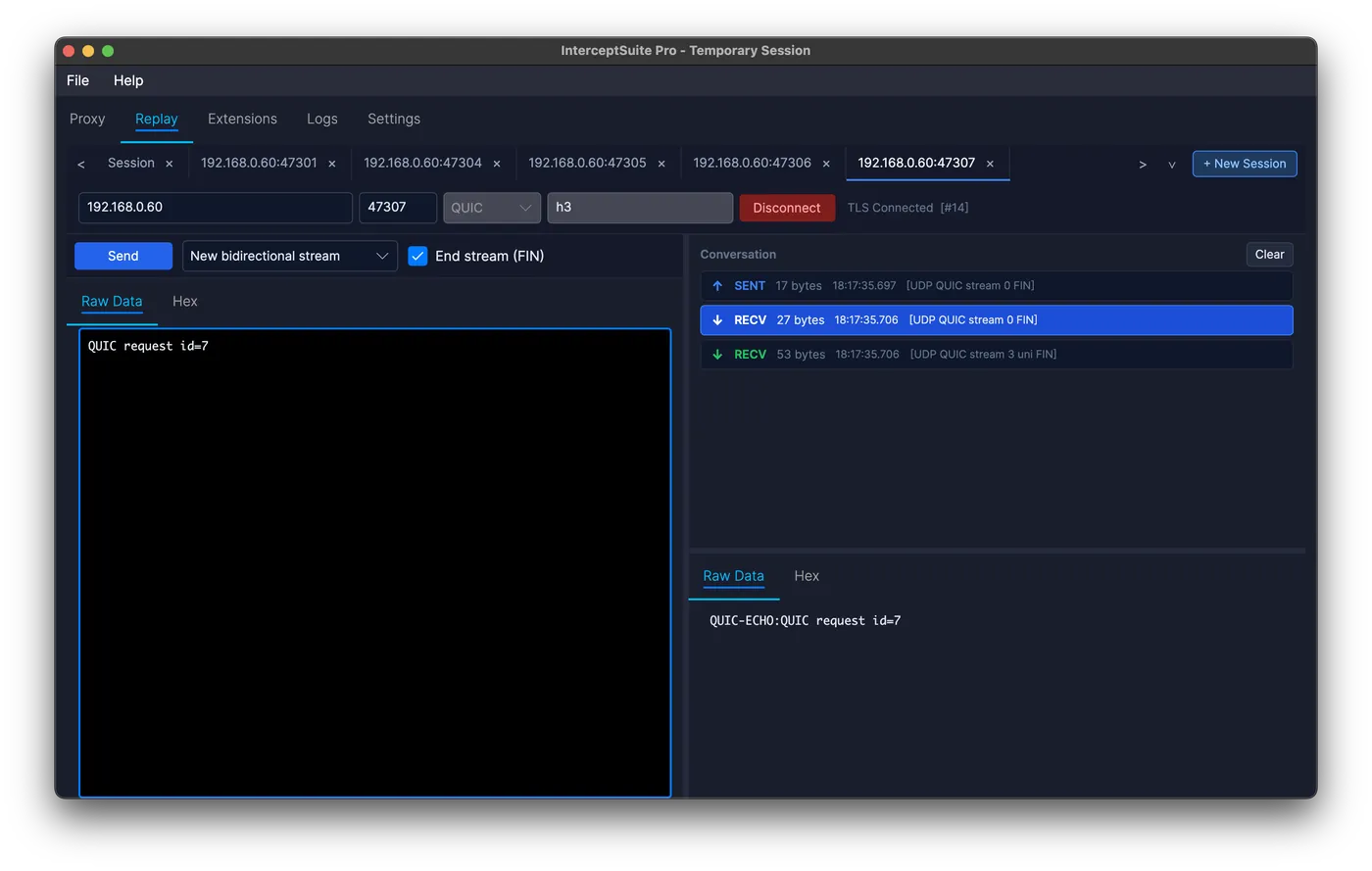 InterceptSuite Replay tab with a QUIC session and its conversation panel
