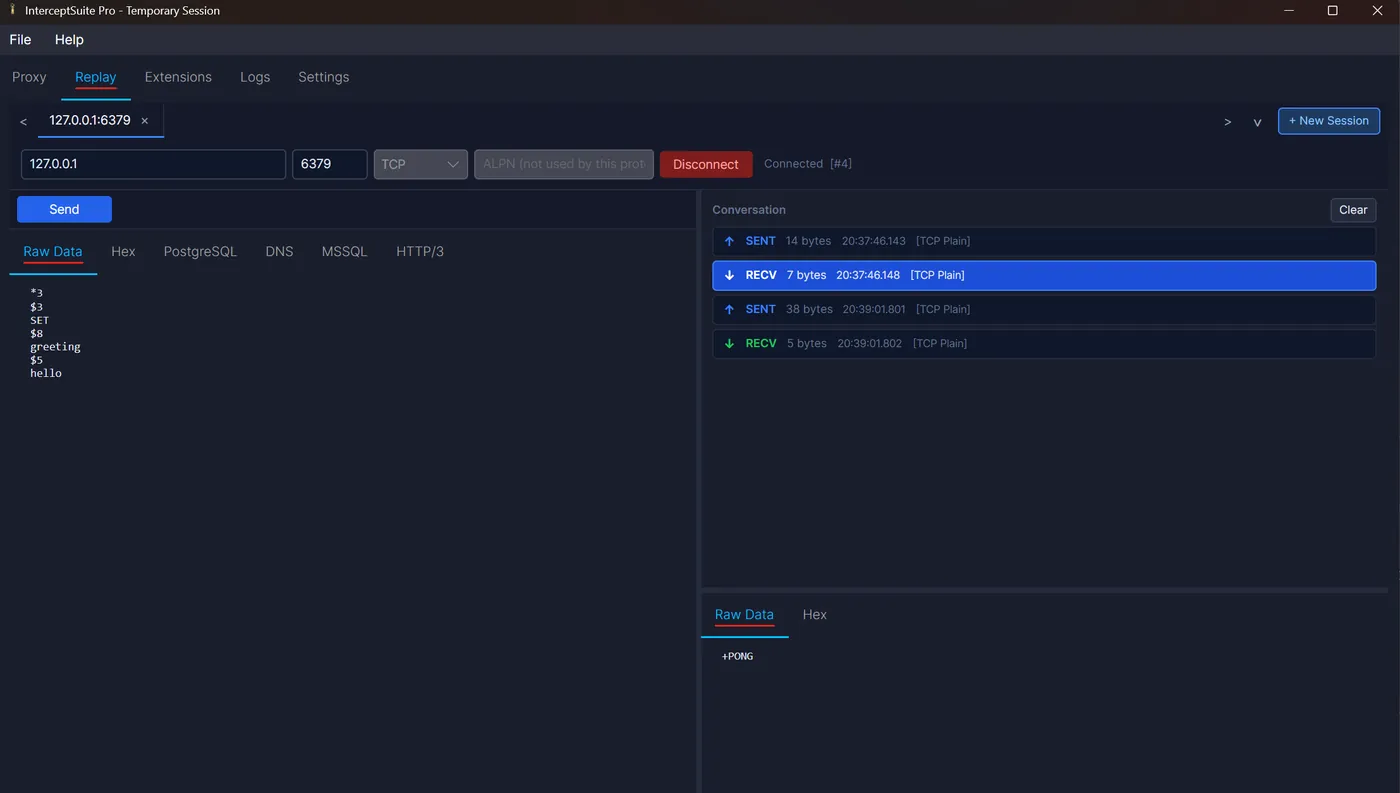 InterceptSuite Replay tab with a TCP session to 127.0.0.1:6379: a Redis SET command in the editor and the PING and SET replies in the conversation panel
