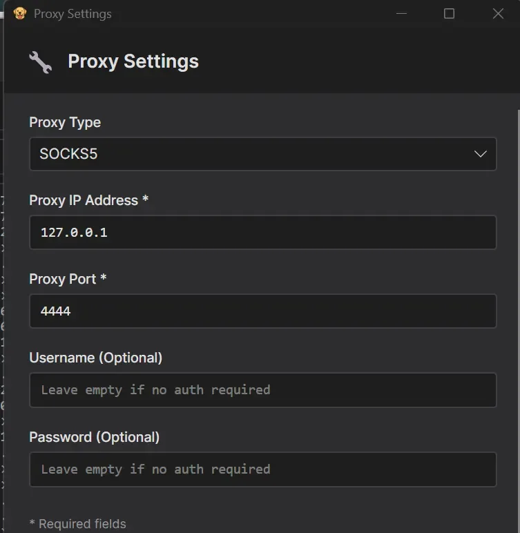 ProxyBridge Proxy Settings configured to use InterceptSuite SOCKS5 on 127.0.0.1:4444