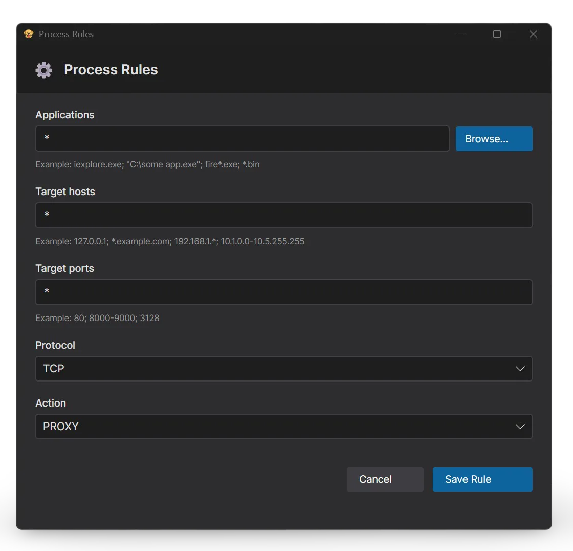 ProxyBridge Add Rule window