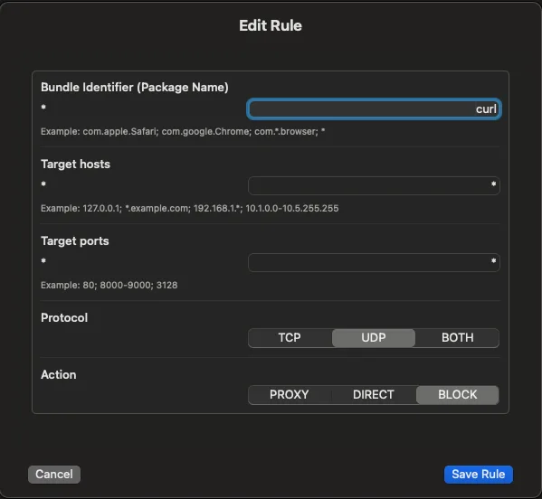 ProxyBridge macOS Add Rule window